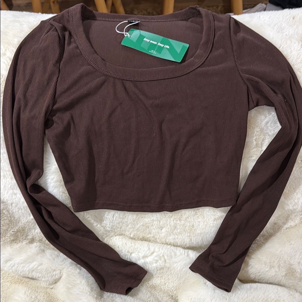 Brown Ribbed Long Sleeve Crop Top